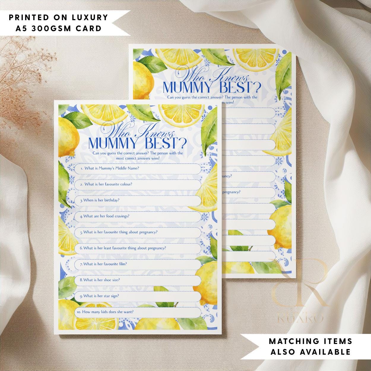 Who Knows Mummy Best baby shower game card in a lemon Amalfi Coast theme