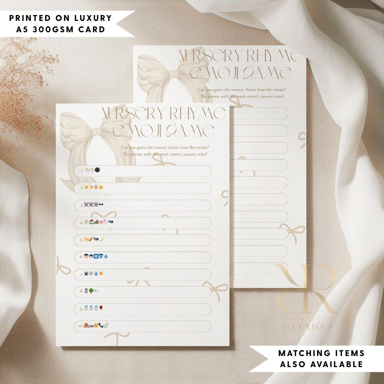 Nursery rhyme emoji baby shower game card in a neutral bow theme