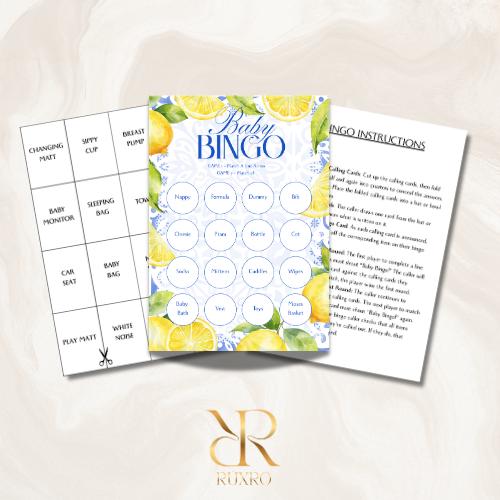 Baby bingo baby shower game cards in a lemon Amalfi Coast theme