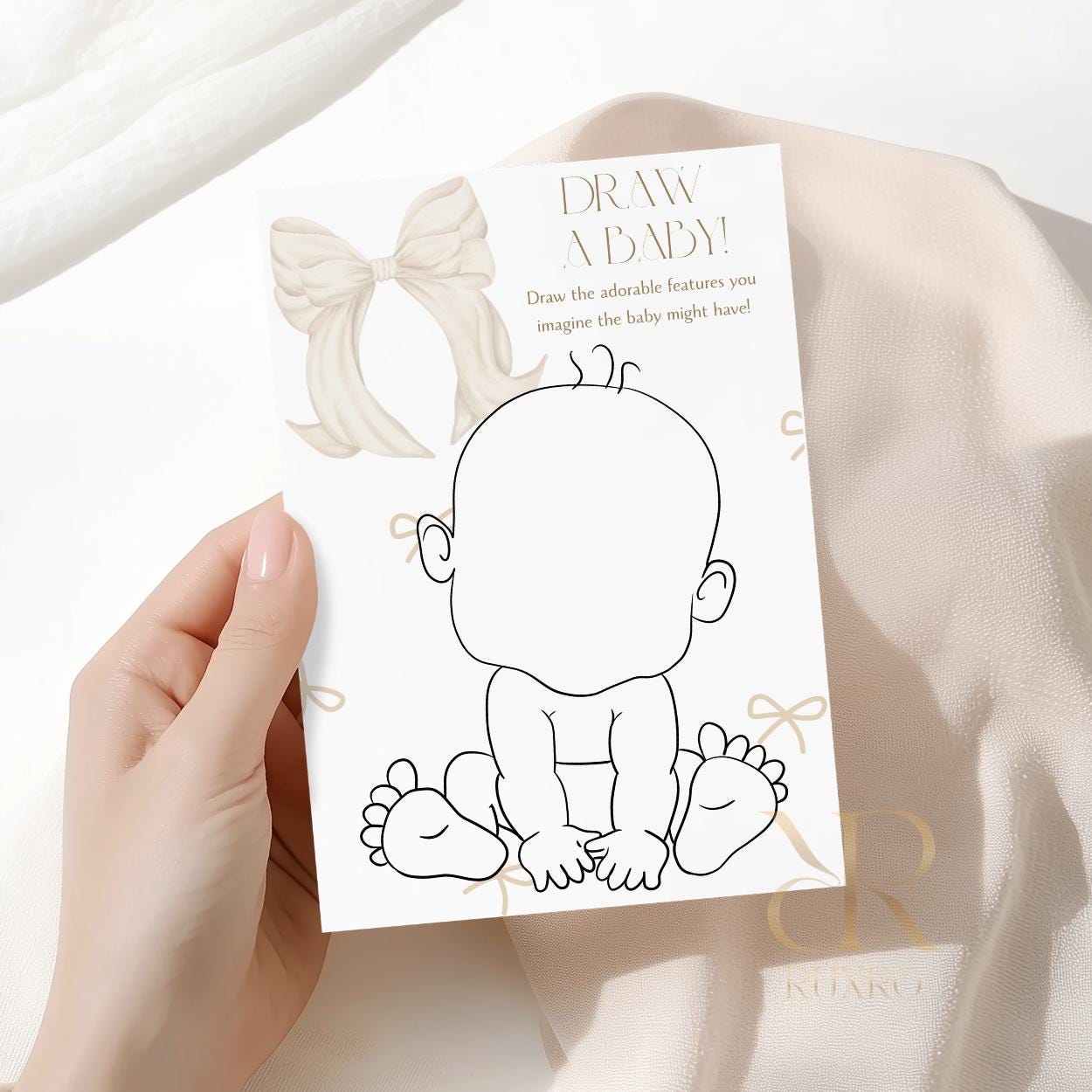 Draw a Baby baby shower game card in a neutral bow theme