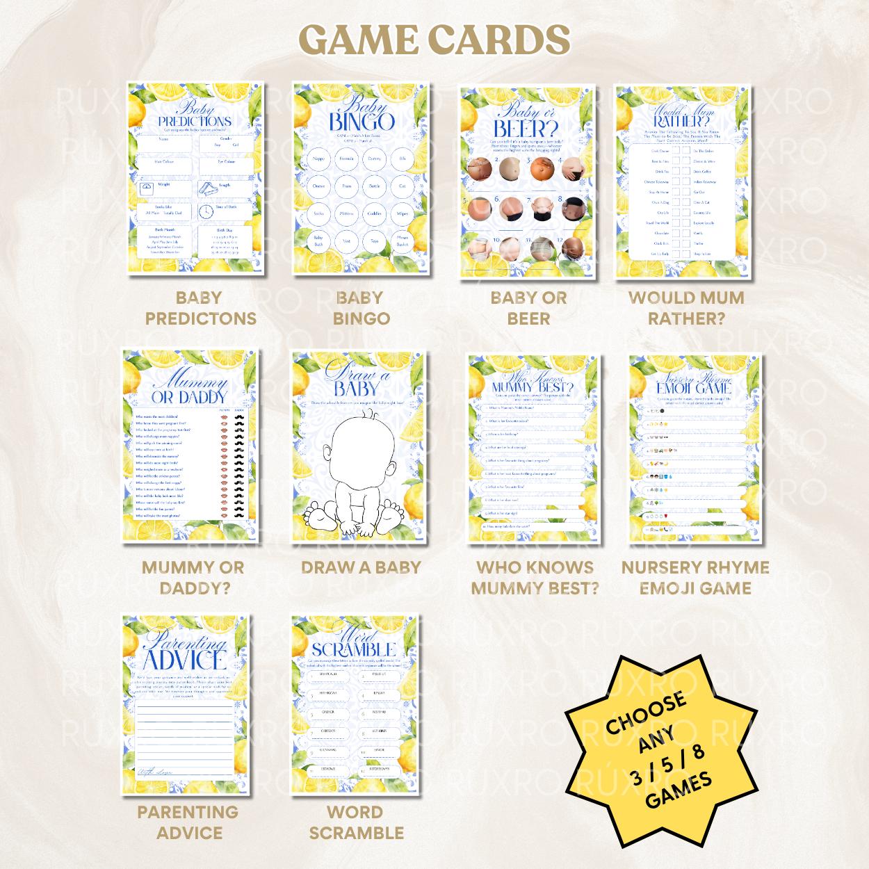 Baby shower games bundle in a lemon Amalfi Coast theme