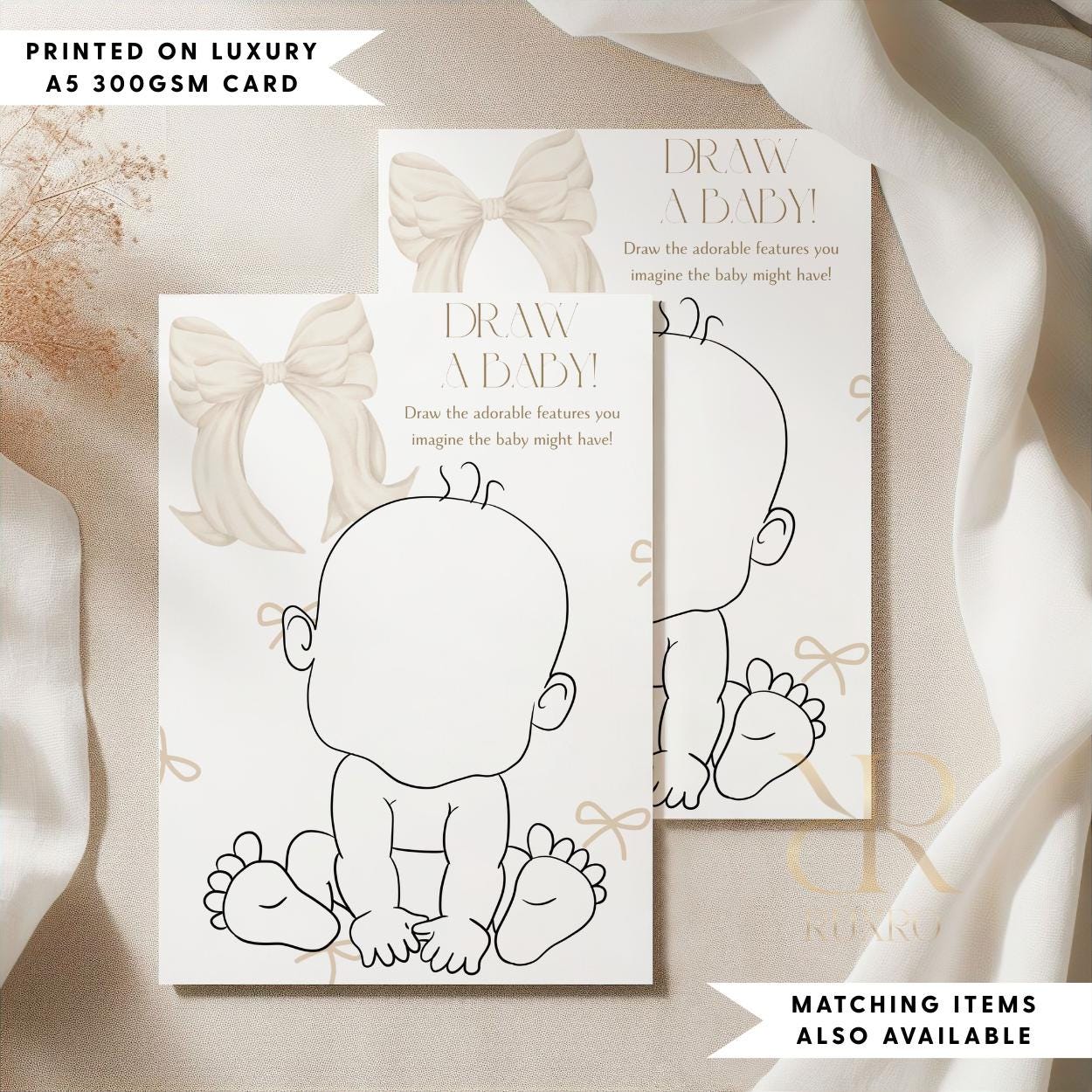 Draw a Baby baby shower game card in a neutral bow theme
