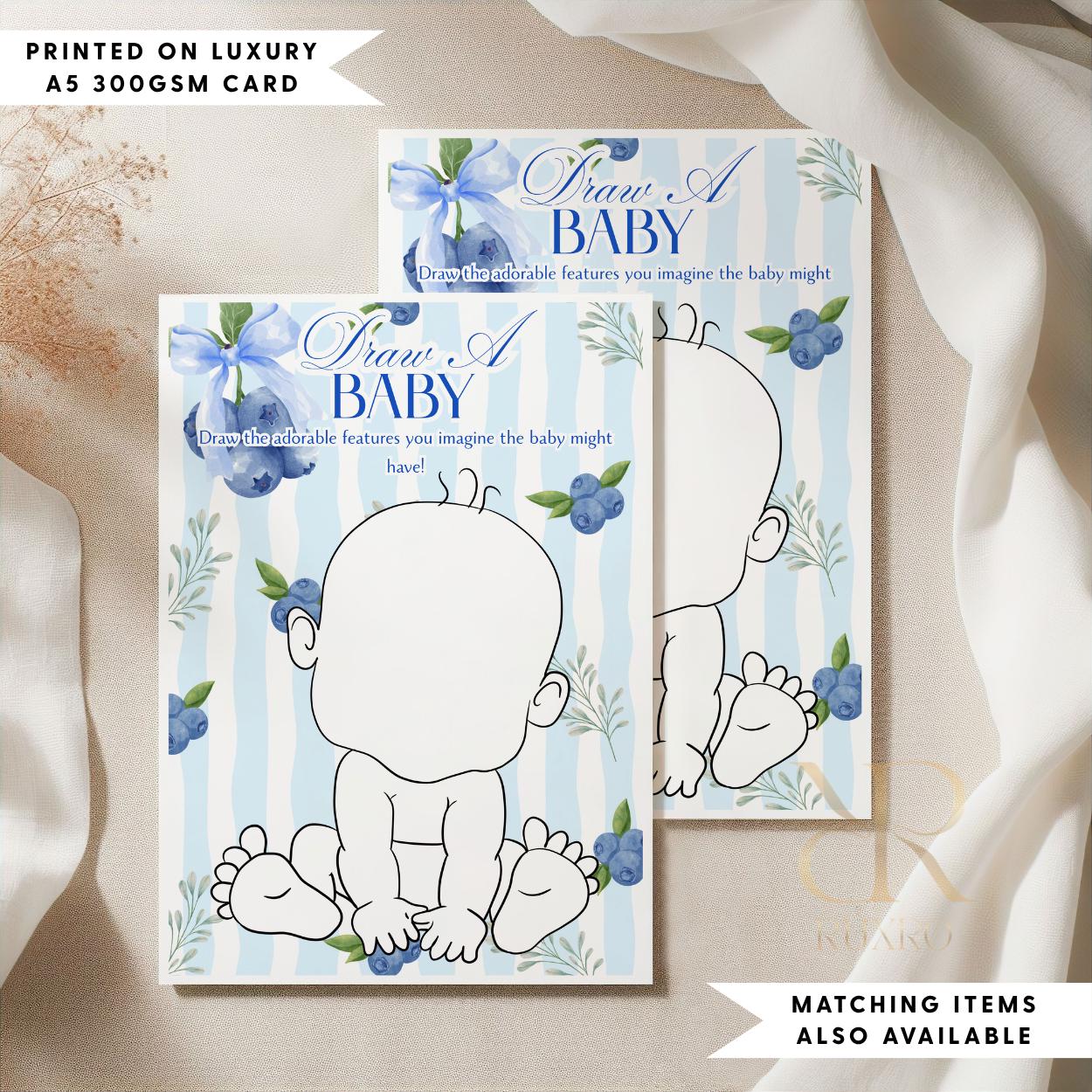 Draw a Baby baby shower game card in a blueberry theme