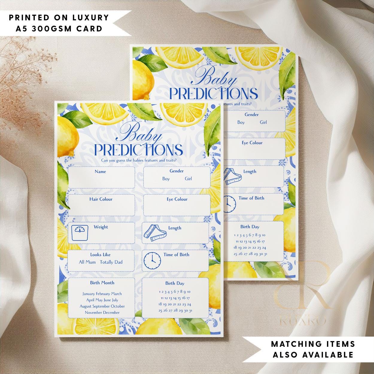 Baby predictions baby shower game card in a lemon Amalfi Coast theme