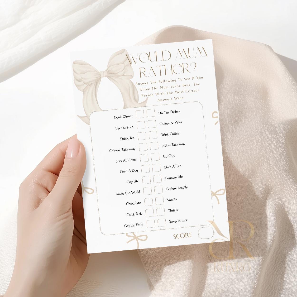 Would Mum Rather baby shower game card in a neutral bow theme