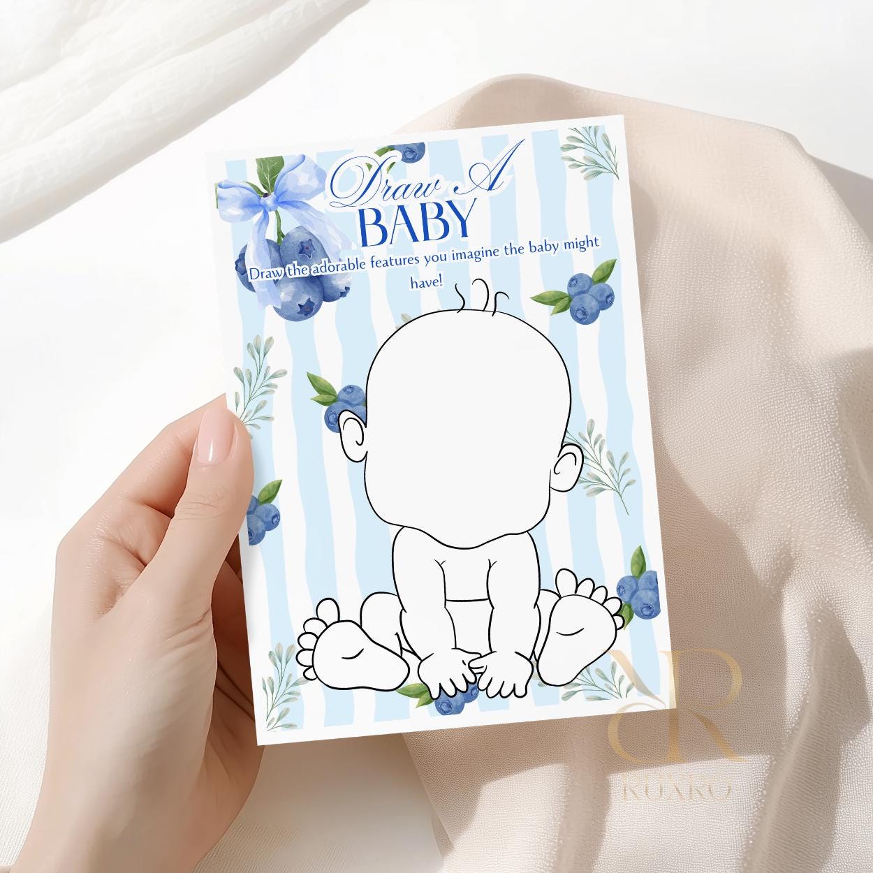 Draw a Baby baby shower game card in a blueberry theme