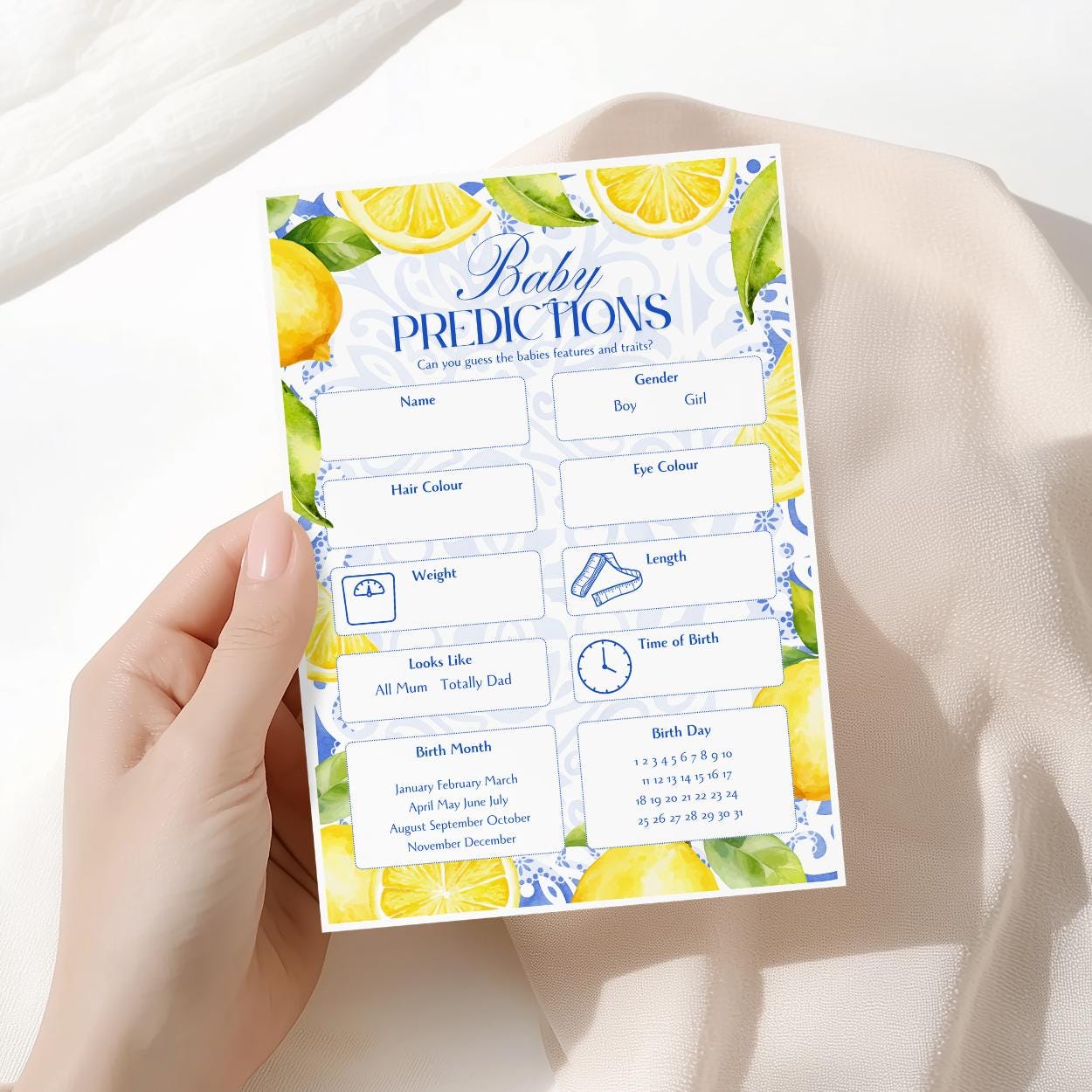 Baby predictions baby shower game card in a lemon Amalfi Coast theme
