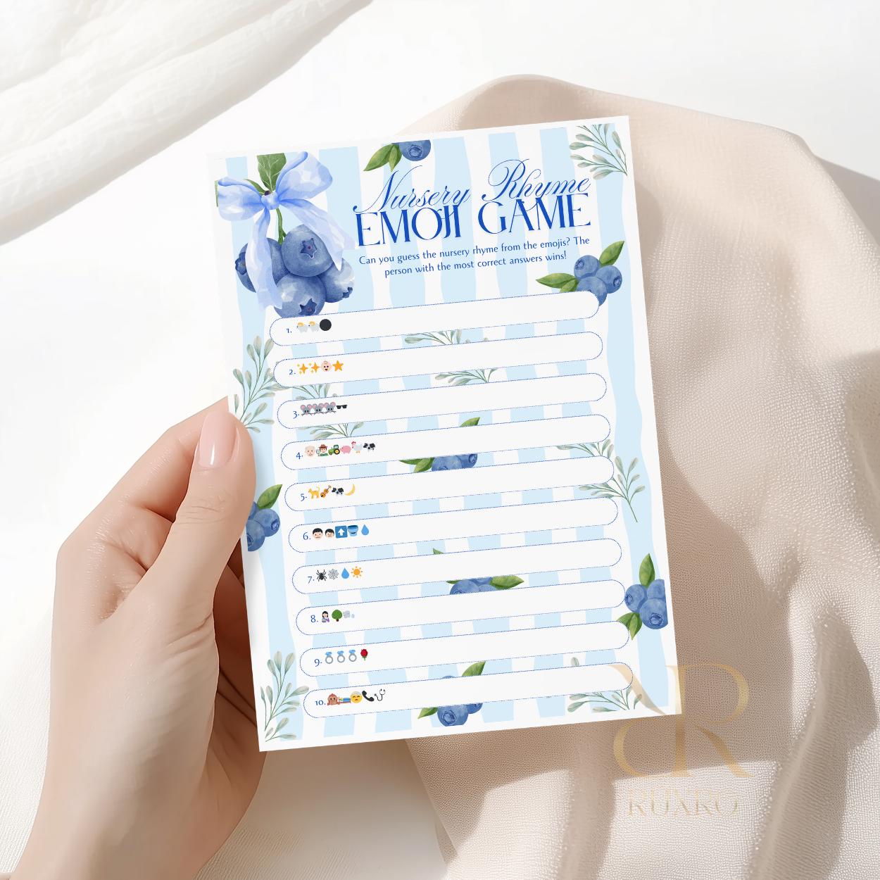 Nursery rhyme emoji baby shower game card in a blueberry theme