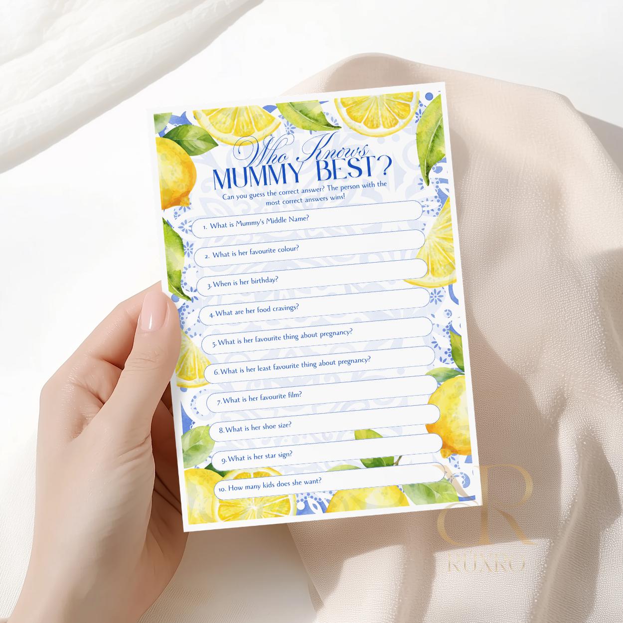 Who Knows Mummy Best baby shower game card in a lemon Amalfi Coast theme