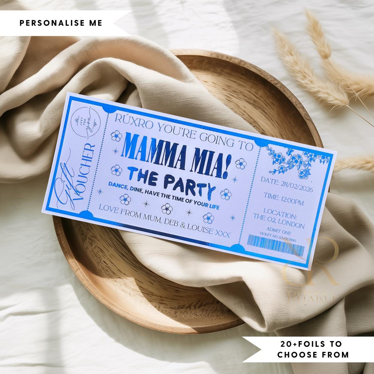 Personalised foil Mamma Mia reveal ticket keepsake