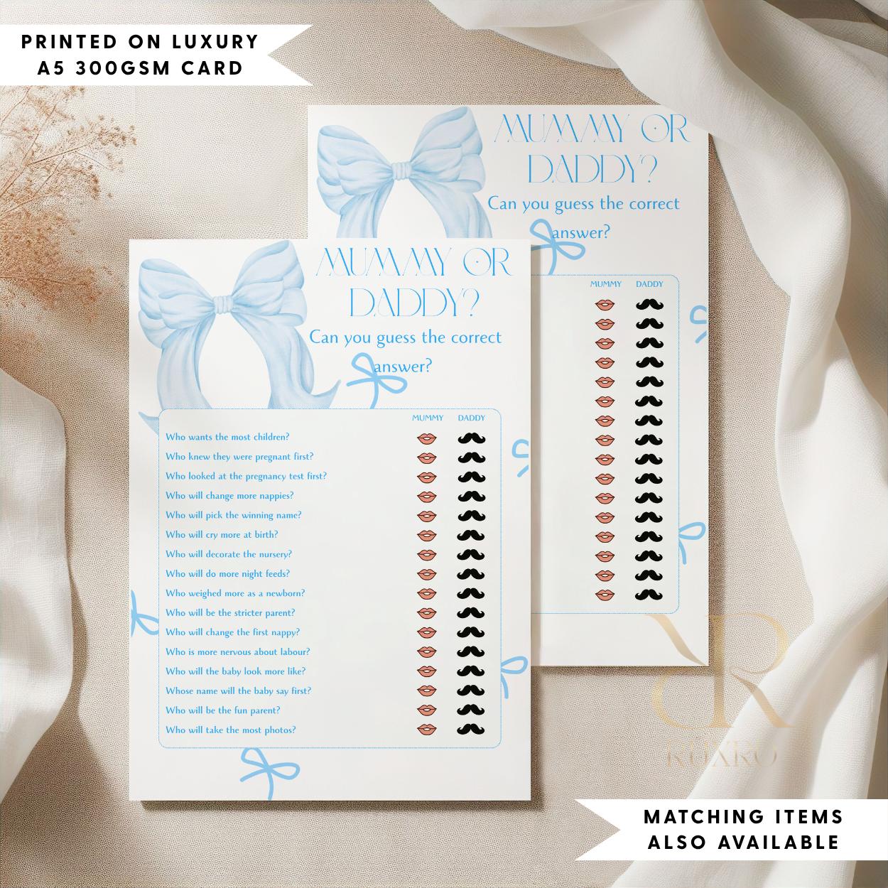 Mummy or Daddy baby shower game card in a blue bow theme