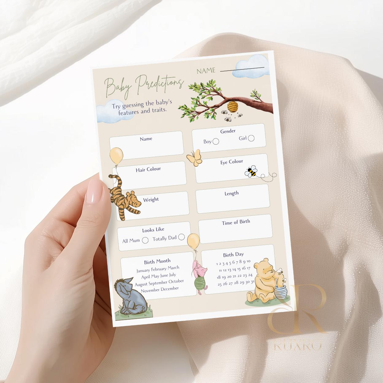 Baby predictions baby shower game card in a Classic Winnie the Pooh theme