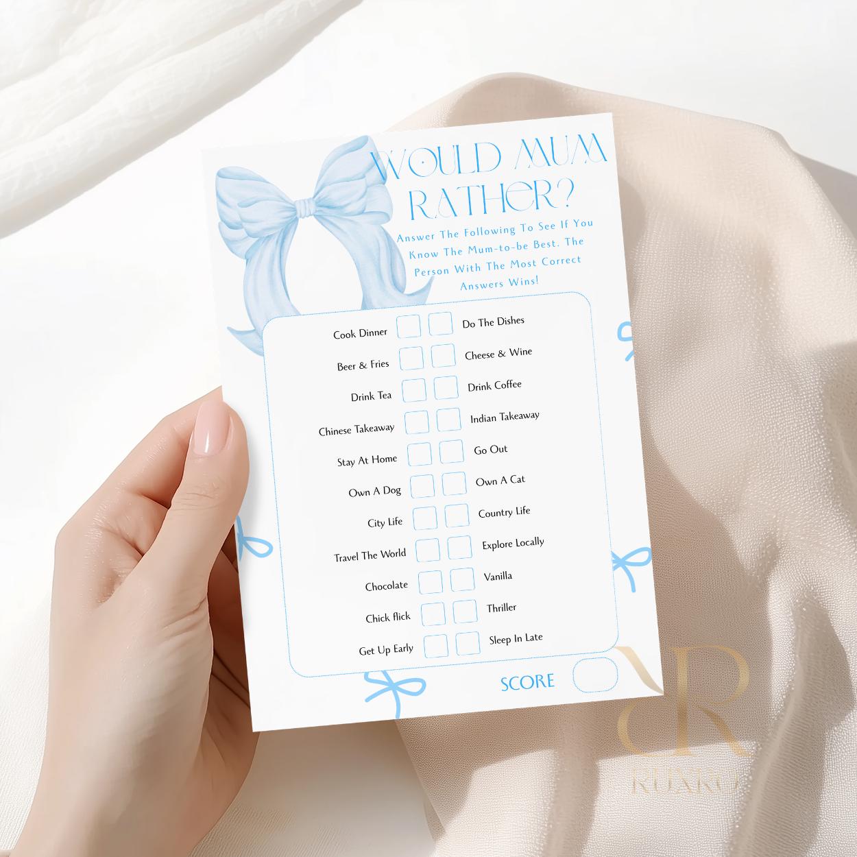 Would Mum Rather baby shower game card in a blue bow theme