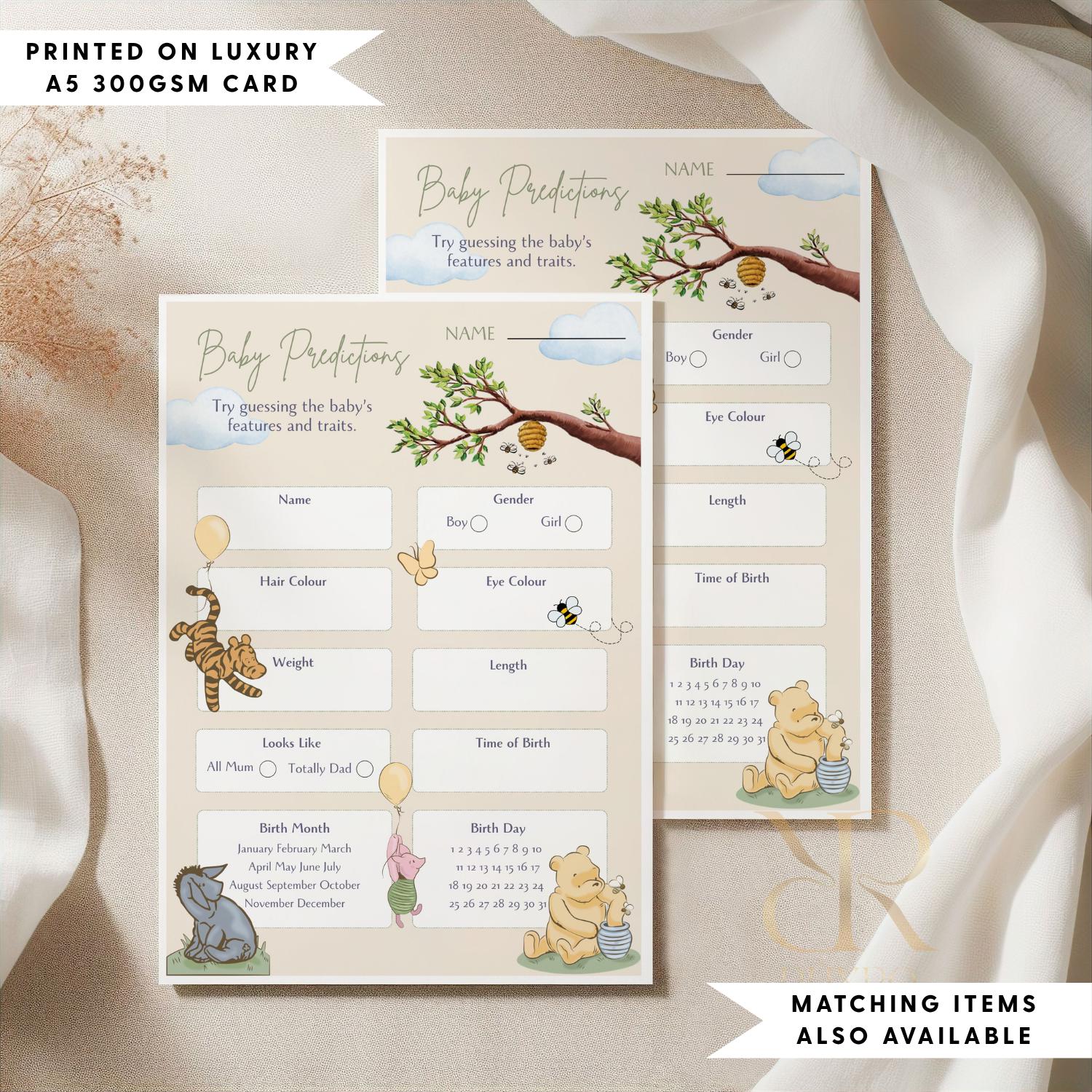 Baby predictions baby shower game card in a Classic Winnie the Pooh theme