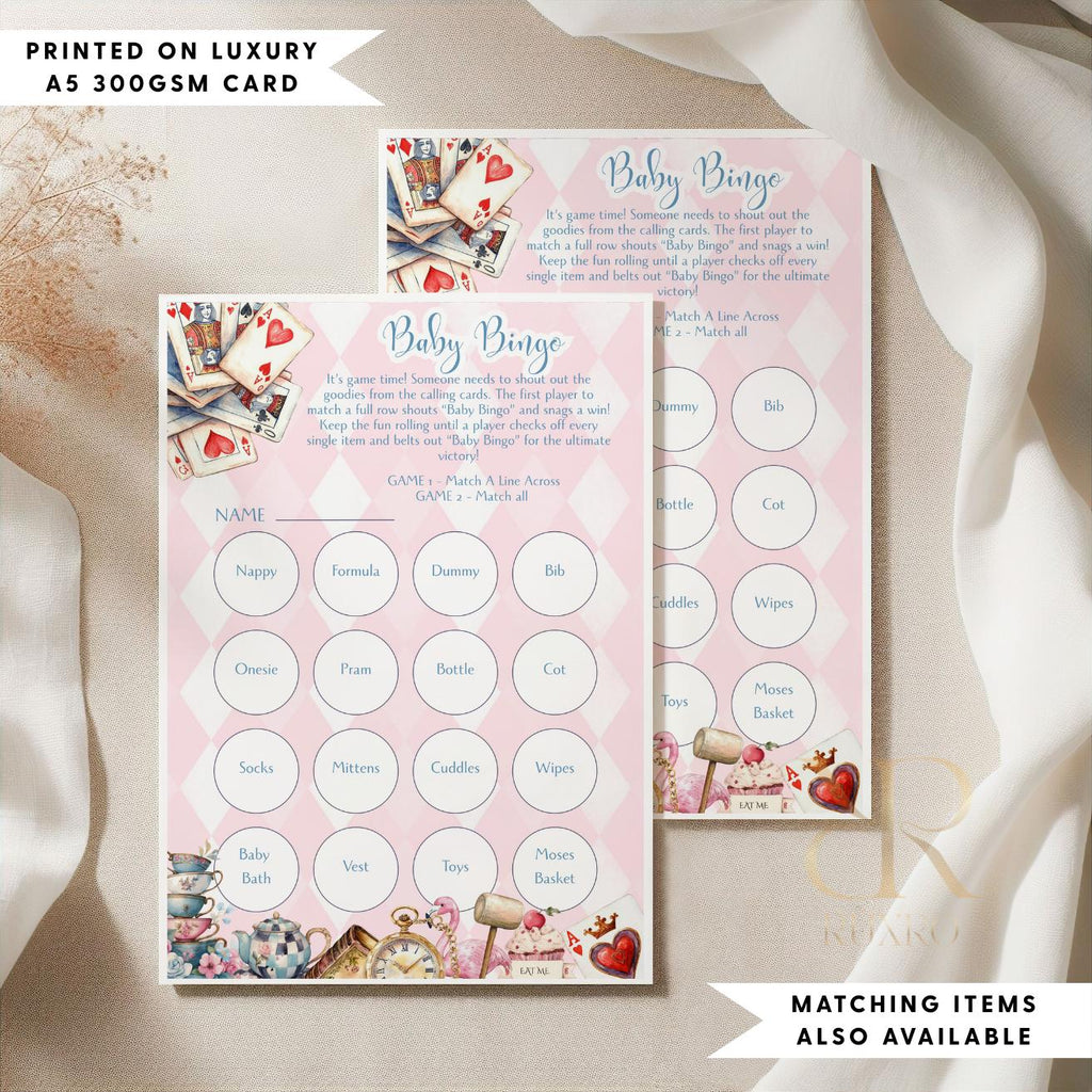 Baby bingo baby shower game cards in an Alice in Wonderland Mad Hatter theme
