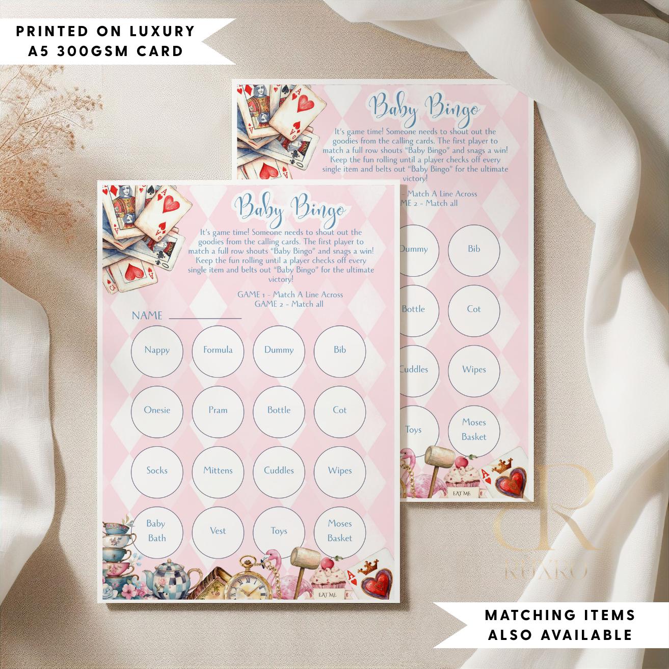 Baby bingo baby shower game cards in an Alice in Wonderland Mad Hatter theme