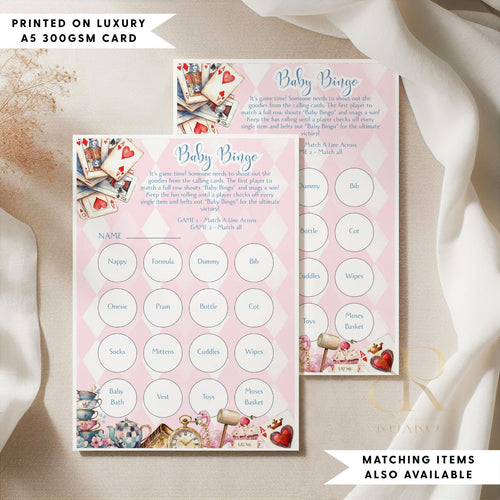 Baby bingo baby shower game cards in an Alice in Wonderland Mad Hatter theme