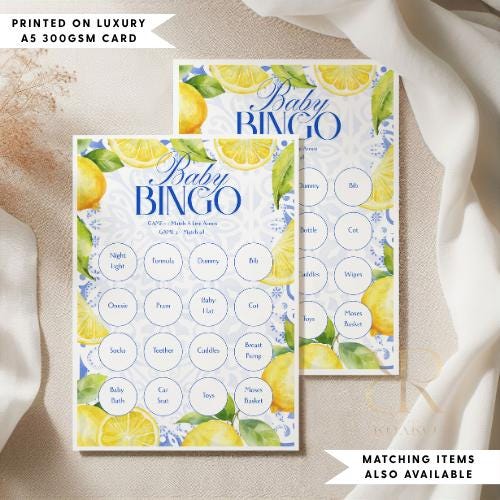 Baby bingo baby shower game cards in a lemon Amalfi Coast theme