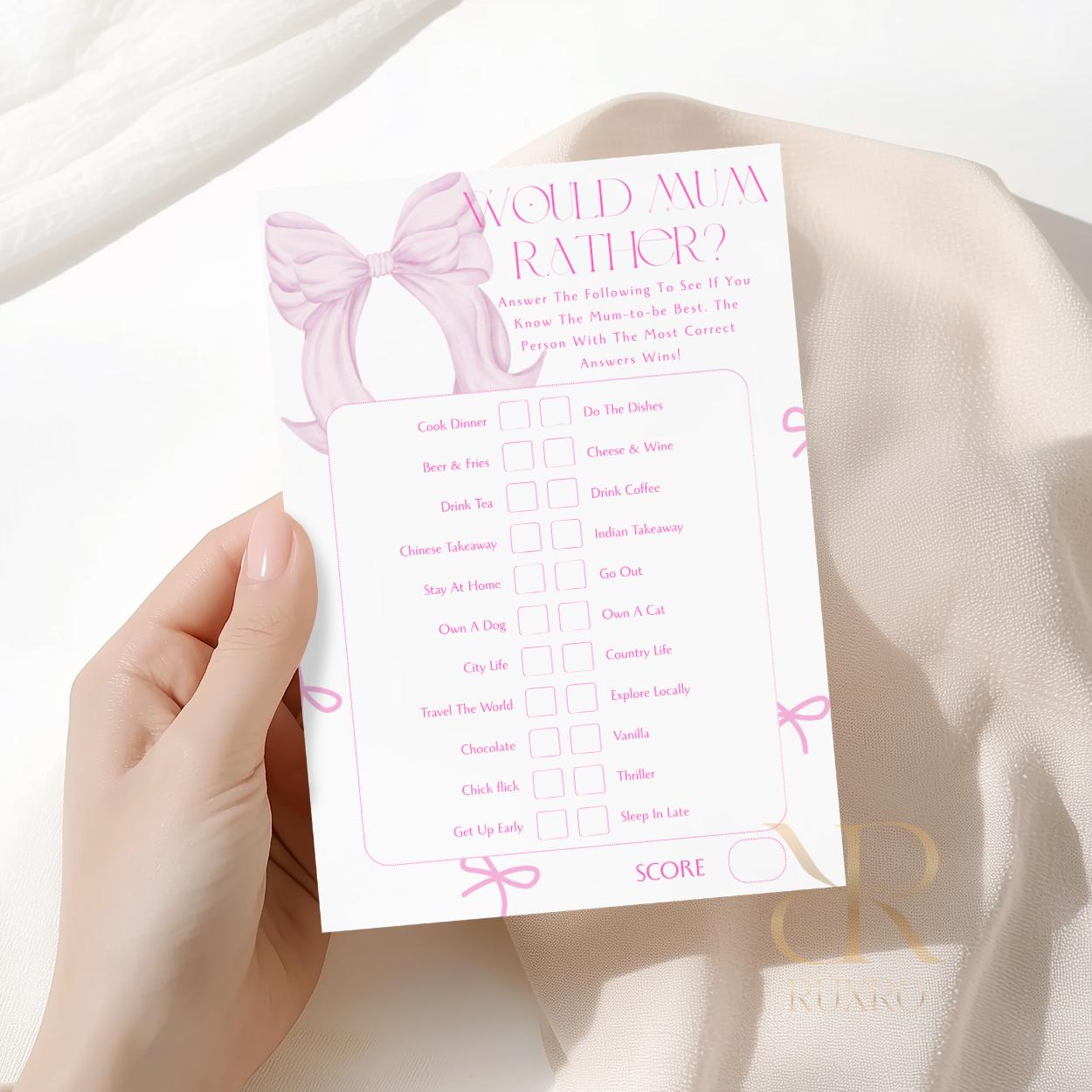 Would Mum Rather baby shower game card in a pink bow theme
