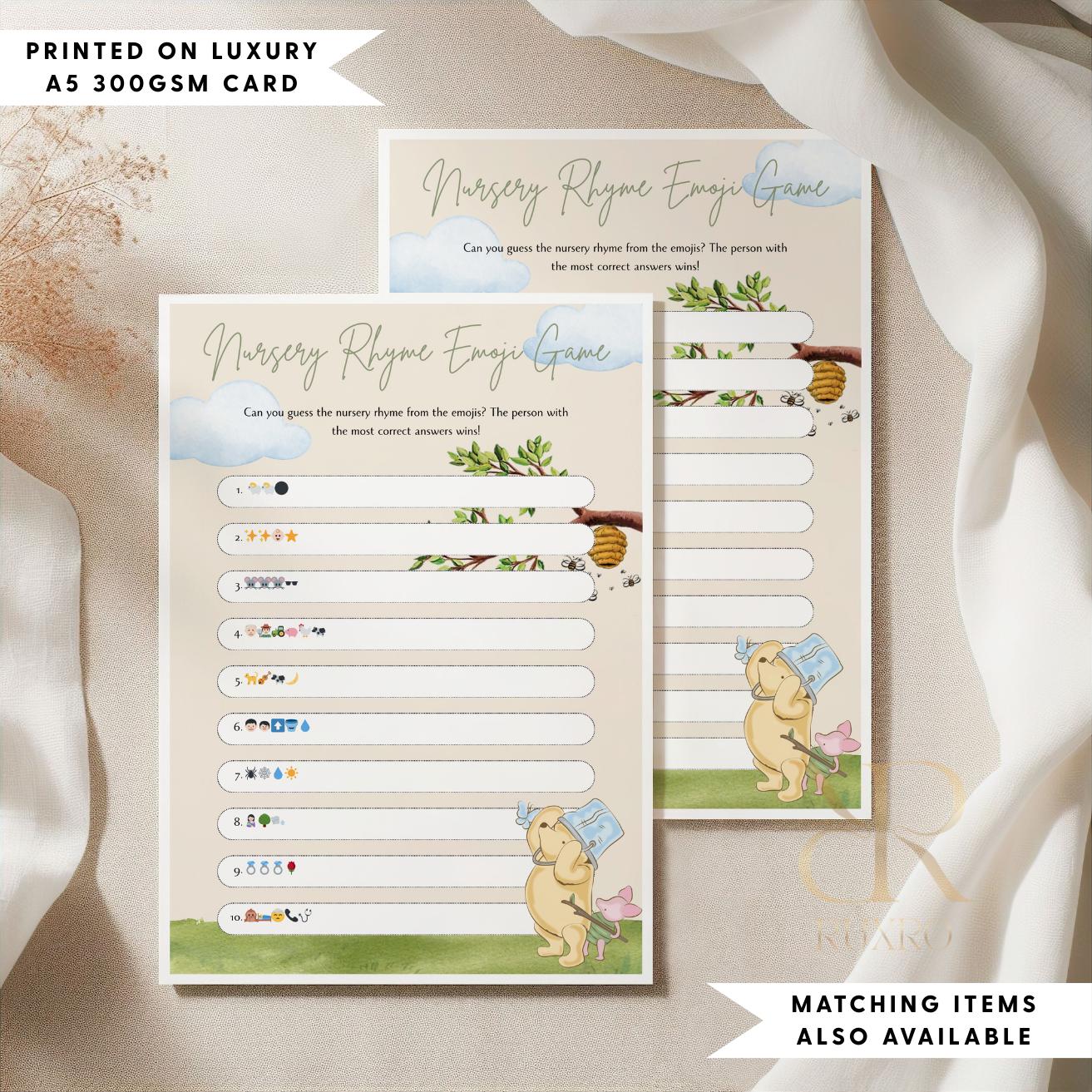 Nursery rhyme emoji baby shower game card in a Classic Winnie the Pooh theme