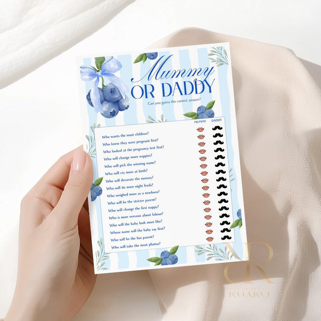 Mummy or Daddy baby shower game card in a blueberry theme