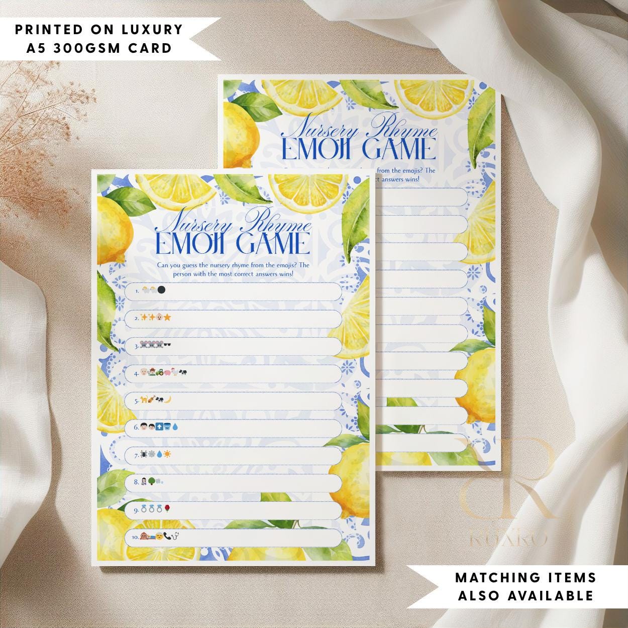Nursery rhyme emoji baby shower game card in a lemon Amalfi Coast theme