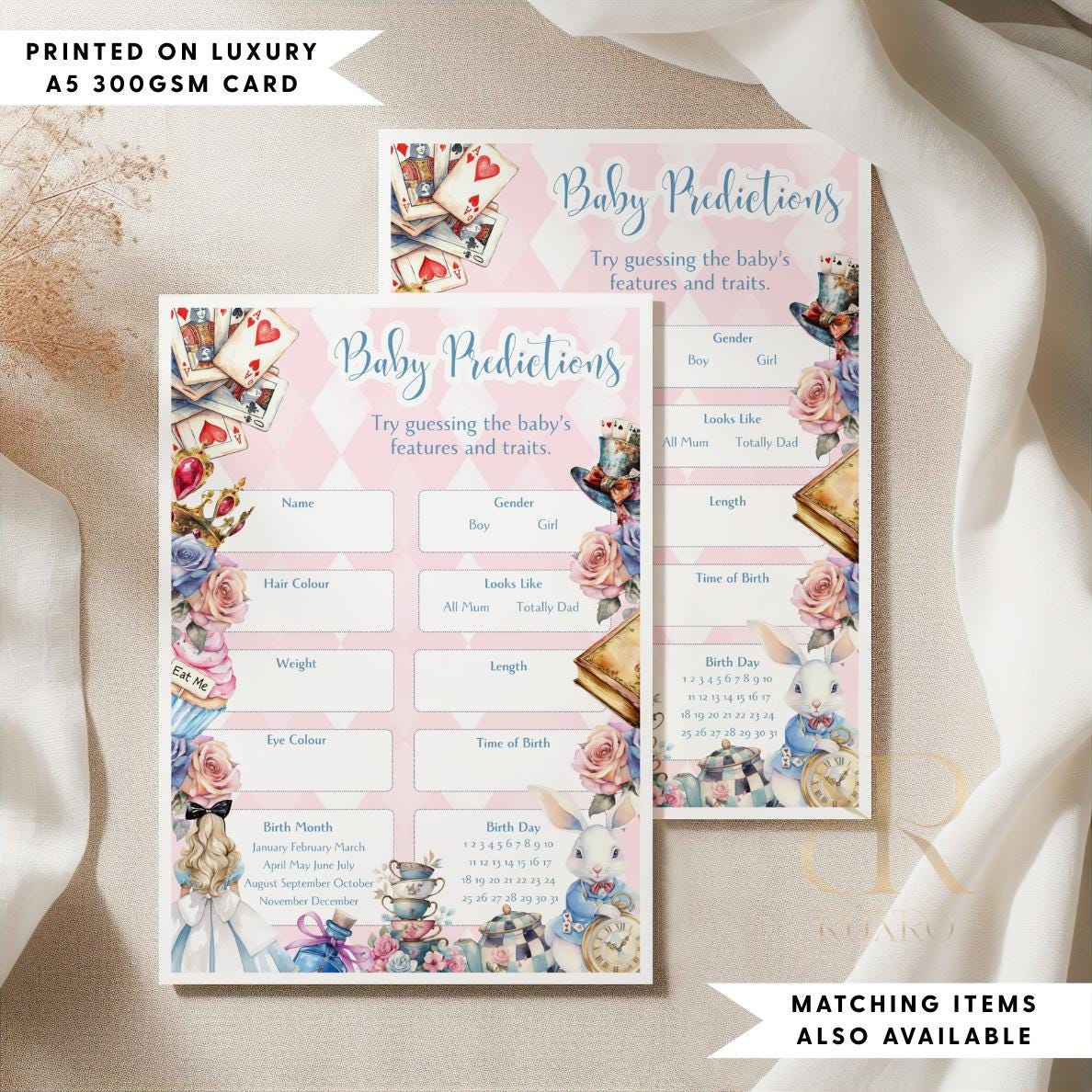Baby predictions baby shower game card in an Alice in Wonderland Mad Hatter theme